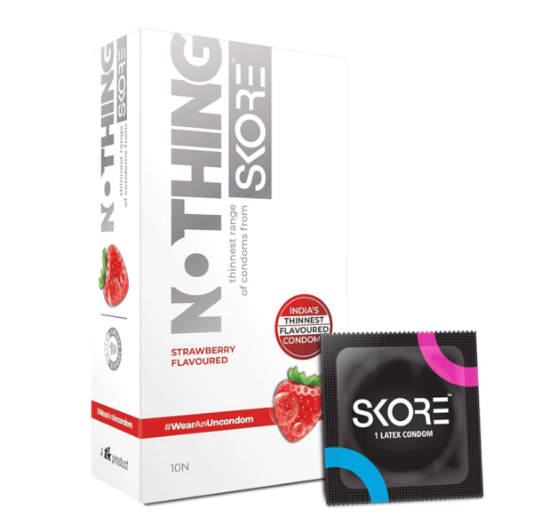 Skore's Nothing Series - Strawberry Flavoured Condoms - With FREE Disposable Pouch