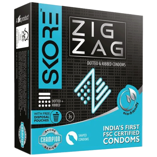 Skore Zig Zag Condoms - With FREE Disposable Pouch